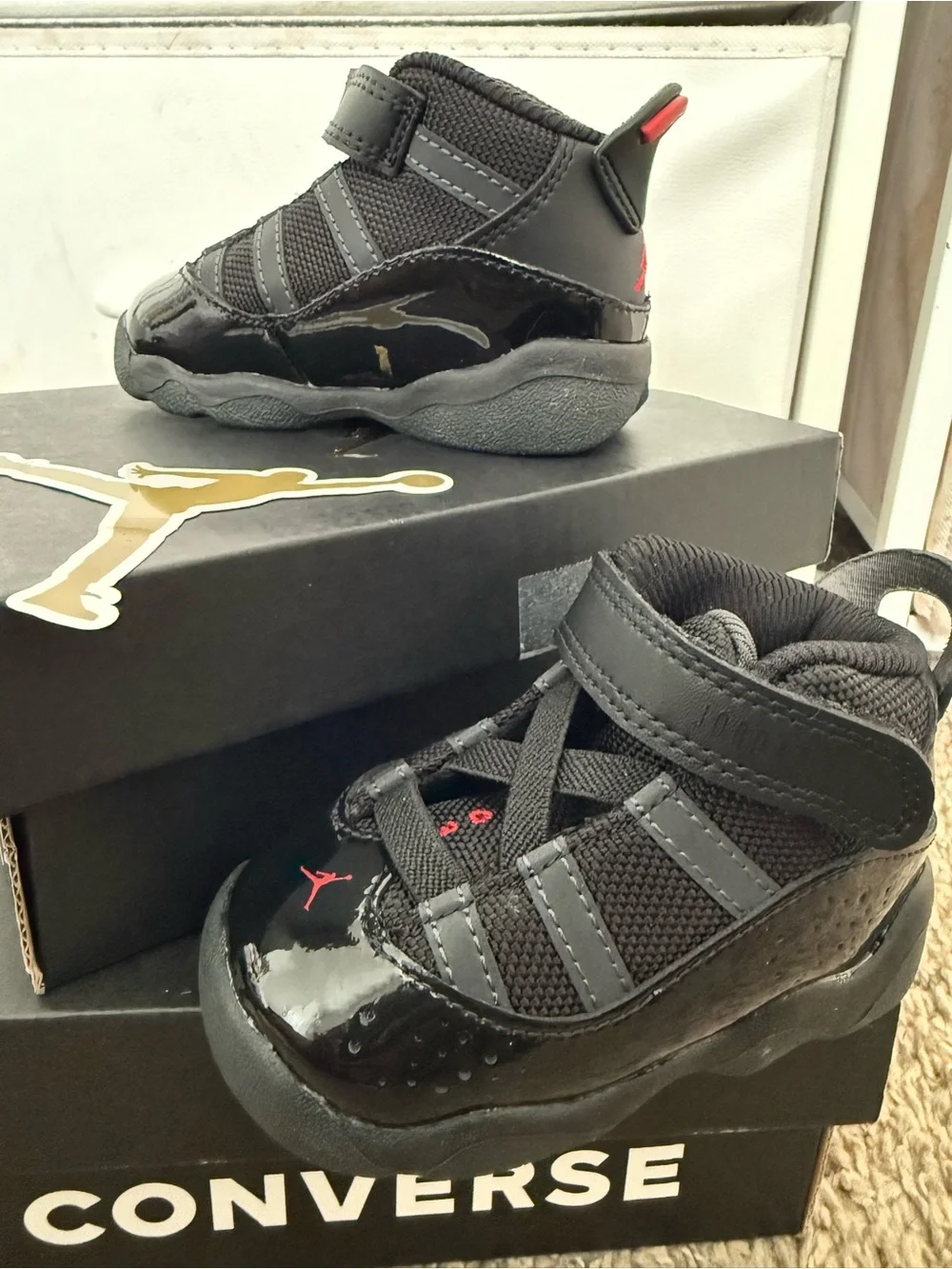 Jordan Kids' Black Patent High-Top Sneakers with Red Accent